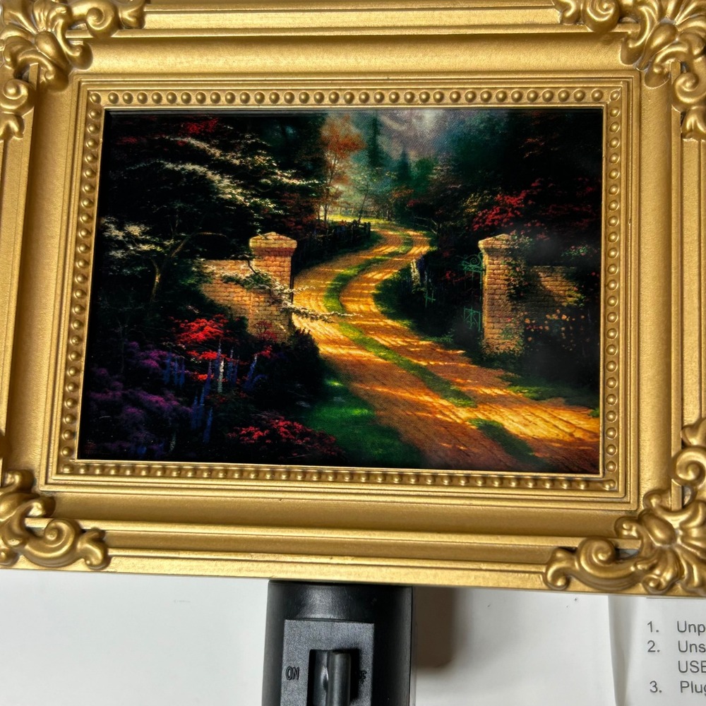 Thomas Kinkade Spring Gate Night Light Ornate Gold Frame Hearth Home 1998 - Picture 2 of 10
